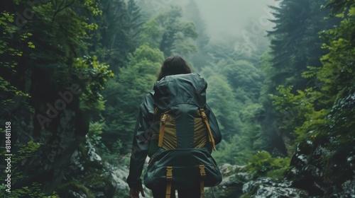 One person standing holding backpack exploring nature