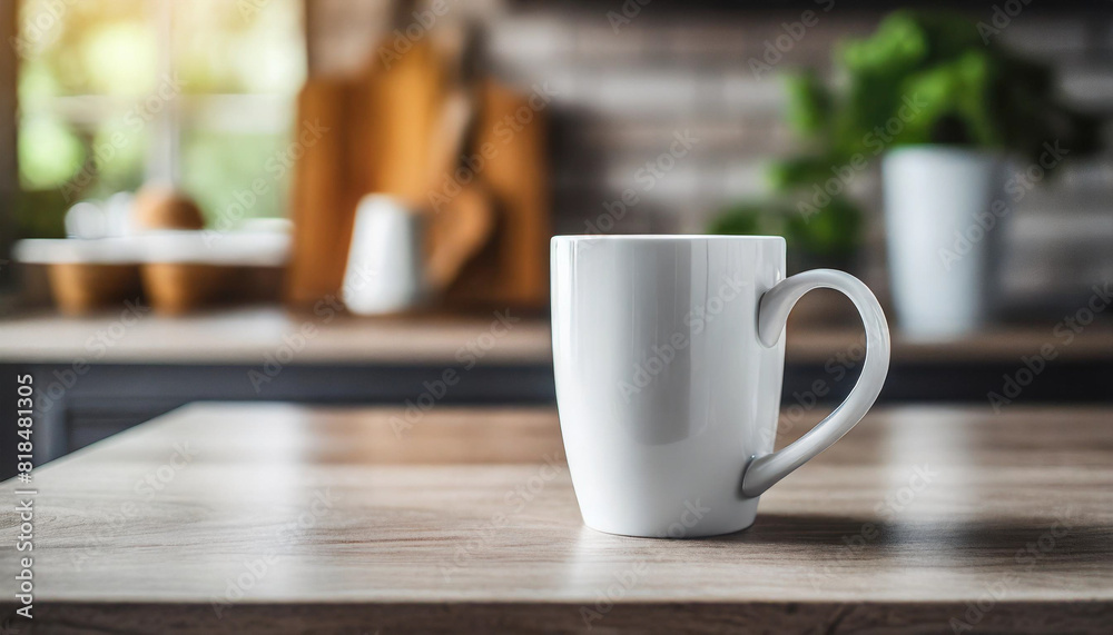 white blank coffee mug stands on a tabletop with a blurred kitchen background, symbolizing simplicity and potential, ready for custom designs or messages. Perfect for promoting branding or personal cr white blank coffee mug stands on a tabletop with a blurred kitchen background, symbolizing simplicity and potential, ready for custom designs or messages. Perfect for promoting branding or personal cr