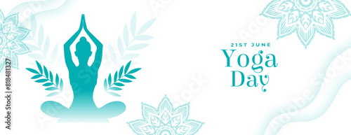 world yoga day event banner woman in asana with leaves