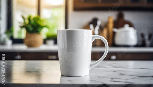 white blank coffee mug stands on a tabletop with a blurred kitchen background, symbolizing simplicity and potential, ready for custom designs or messages. Perfect for promoting branding or personal cr