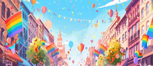 Celebrating Diversity in the City - Colorful Pride Flags and Decorations in Urban Landscape with Copy Space © Patarapoom
