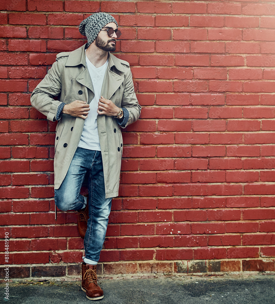 Man, brick wall and urban fashion outdoor with streetwear or city style, denim and cap with trendy or stylish clothes. Thinking, cool and modern designer jeans with capsule wardrobe and attitude. Man, brick wall and urban fashion outdoor with streetwear or city style, denim and cap with trendy or stylish clothes. Thinking, cool and modern designer jeans with capsule wardrobe and attitude.