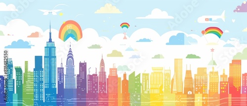 Rainbow City - LGBTQ  Symbols Integrated into Urban Skyline with Copy Space for Inclusion and Diversity Concepts