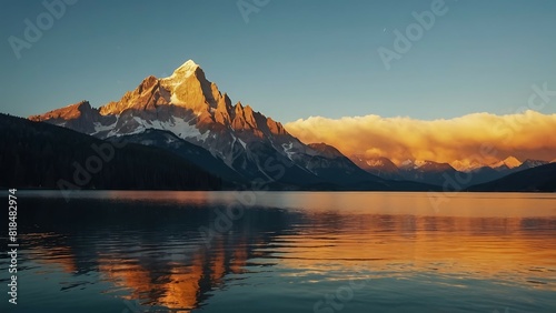"Majestic Mountain and Still Lake at Sunset"