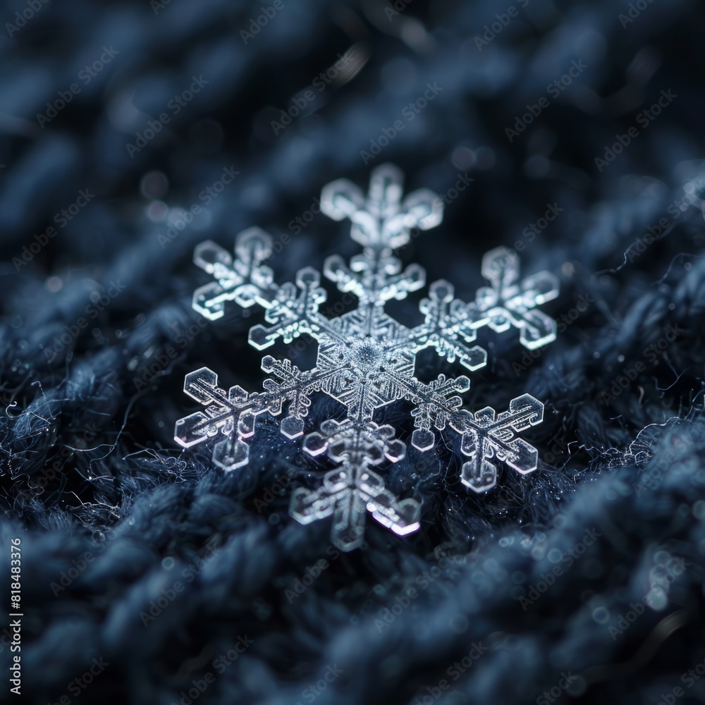 A detailed macro shot of a single snowflake on a dark, textured fabric, highlighting its intricate patterns. A detailed macro shot of a single snowflake on a dark, textured fabric, highlighting its intricate patterns.