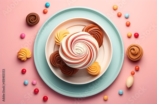 Visually Appealing Top View of a Swirling Dessert with Vibrant Triadic Color Scheme