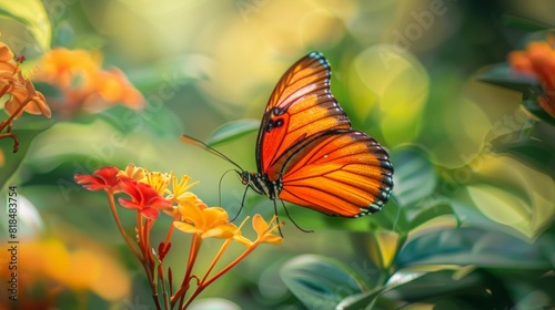 macro of a beautiful orange butterfly feeding on nectar from a tropical flower © Emil