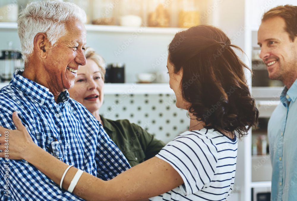 Obraz premium Senior, parents and reunion with family in home with love, care and support in retirement. Elderly, dad and mom embrace people on holiday, vacation and happiness in house with old man and woman
