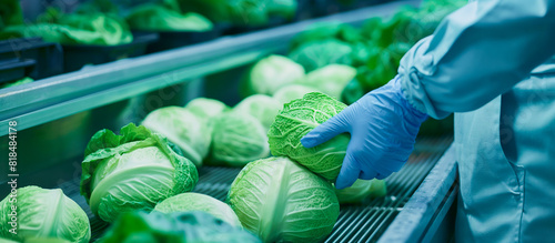 close up check cabbage on modern conveyor in industry plant vegetables