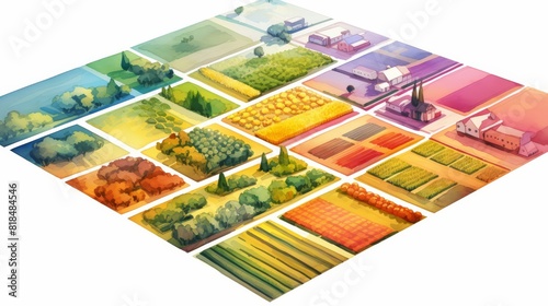 Colorful patchwork of crop fields in a 3D isometric view, showcasing seasonal farming activities, watercolor
