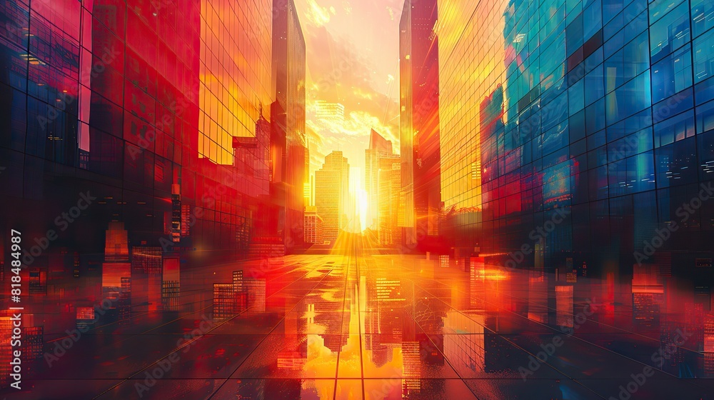 Obraz premium skyscrapers abstract background geometric pattern of towers perspective graphic painting of buildings architectural illustration for financial corporate.illustration