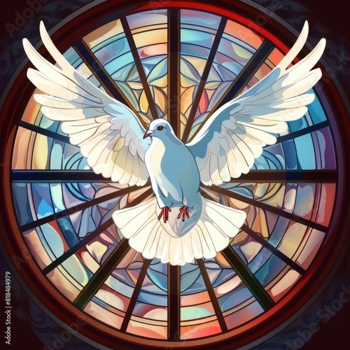 White Dove Flying in Front of Church Colored Window, Vector Illustration
 photo