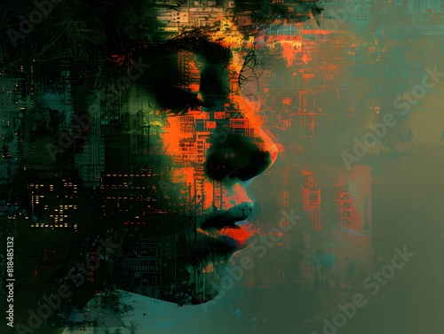 Black vector illustration of a woman's profile with binary code filling her head