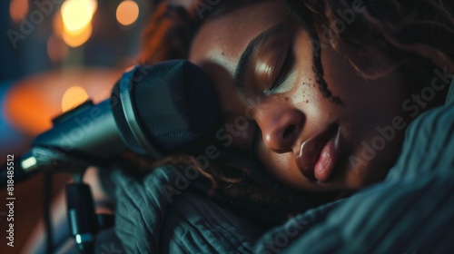 A young African American woman resting with her head on a microphone, reflecting a moment of relaxation in a recording studio