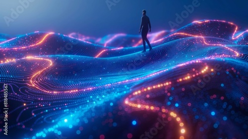 A lone man walks across a brightly illuminated digital landscape, highlighted by blue and pink neon lights at night photo