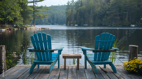 table and chairs in a restaurant   Muskoka Chairs on a Wooden Dock Stock Photo