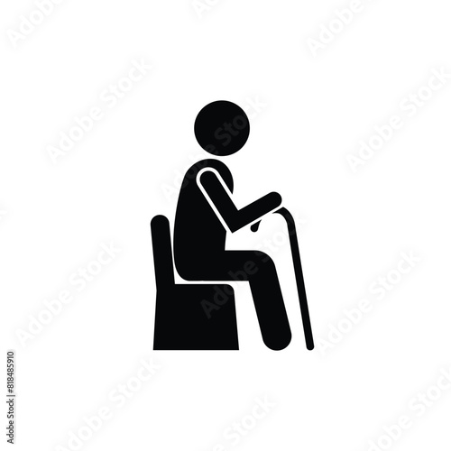 Elderly Person Old Man Senior Person Sitting with Cane Silhouette Icon Symbol sign image