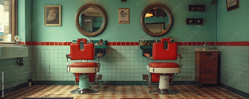 Fototapeta premium Illustrate the ambiance of a contemporary mens barber shop through a hyperrealistic photograph, featuring the mint green tones and the two distinctive red chairs