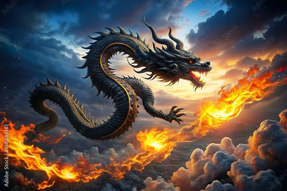A Chinese dragon on the sky with fire
