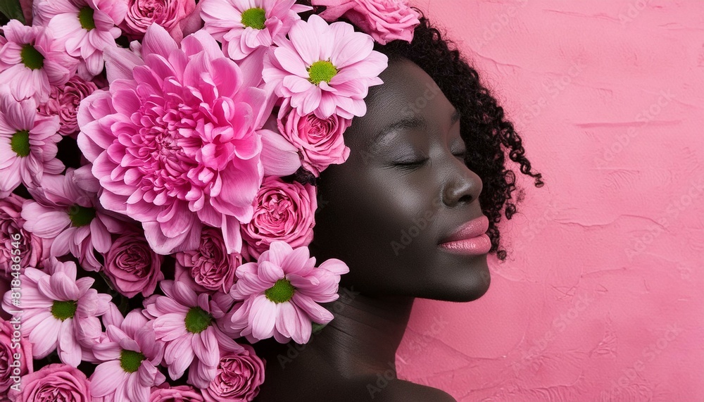 A female face and flowers painted on a wall with black and pink paint. A female face and flowers painted on a wall with black and pink paint.