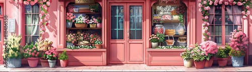 Illustrate the front entrance to an adorable pink pastries shop, adorned with beautiful flowers