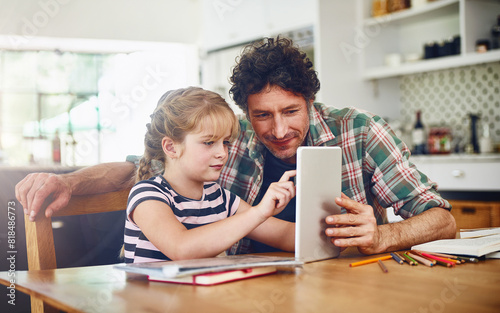 Home, dad and daughter with tablet for homework or read with elearning for child development, knowledge and growth. Man, kid and support with help for learning or education on internet for homeschool photo