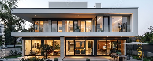 Design a floor plan for a twostorey modern white house with large windows and a rooftop garden