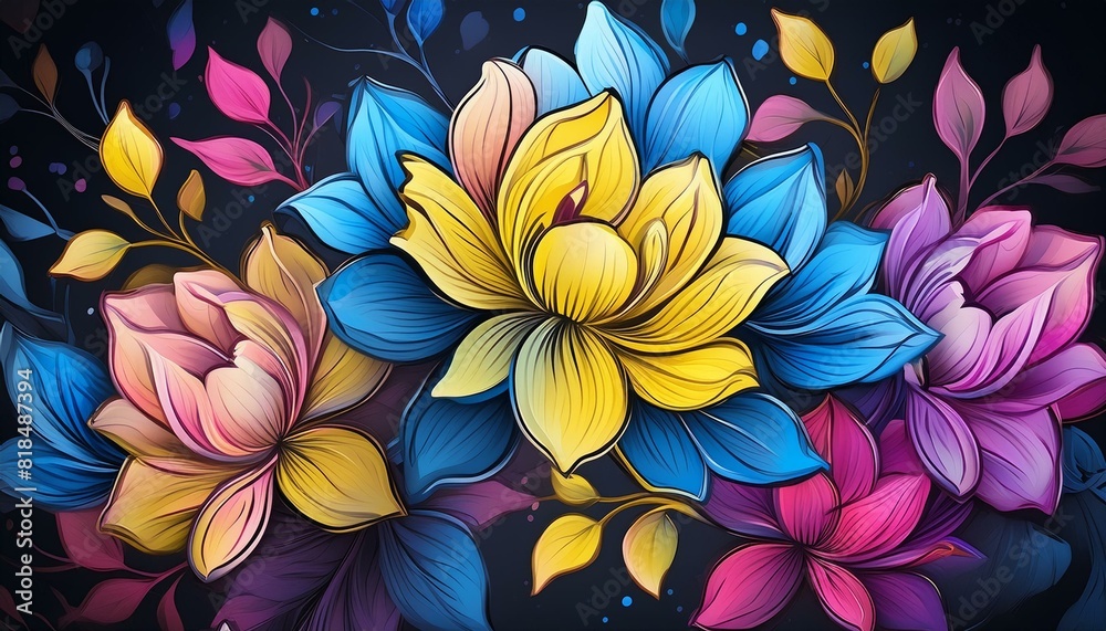 Blue, yellow and pink flowers drawn in graffiti style on a dark background. Blue, yellow and pink flowers drawn in graffiti style on a dark background.