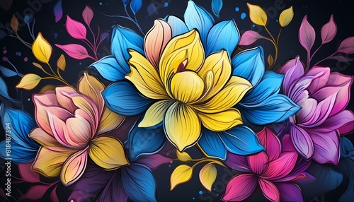 Blue  yellow and pink flowers drawn in graffiti style on a dark background.