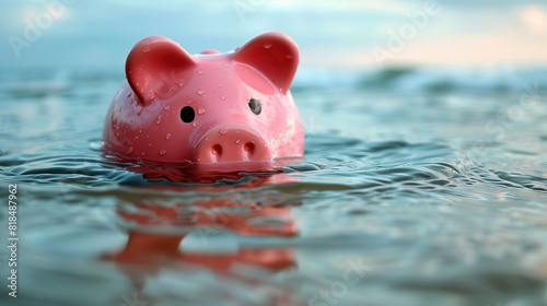 pink piggy bank floats on water drowning about to sink concept of investment failure budget issue financial risk debt problem bankruptcy economy crisis.stock photo