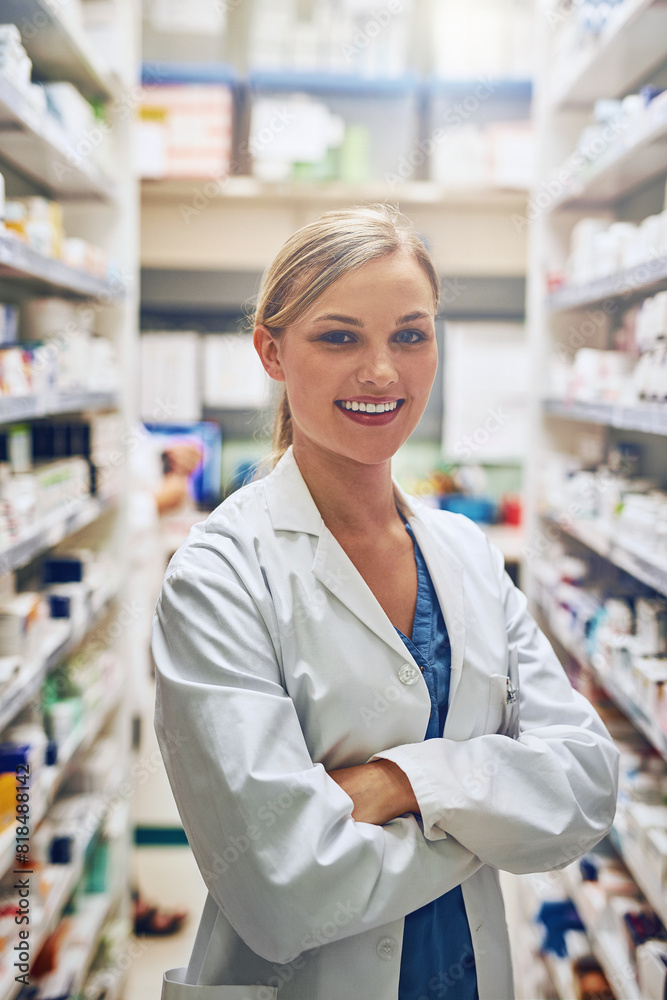 Intern, pharmacy or portrait of happy woman with arms crossed or pharmacist in healthcare clinic or drugstore. Trust, smile or proud medical worker by shelf for pills medication or medicine to help