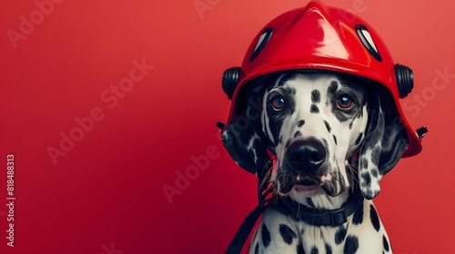  A Dalmatian dog wearing a firefighter helmet poster with copy space
 photo