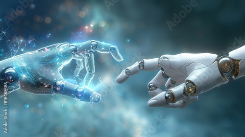 a robot and human hand about to touch in connection together teamwork and partnership cooperation with artificial intelligence and machine learning tech innovation.illustration,stock photo