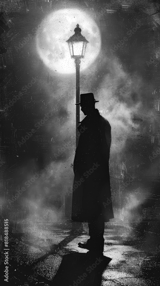 Silhouette of a man in a trenchcoat standing under a street lamp in the mist, vintage atmospheric noir thriller