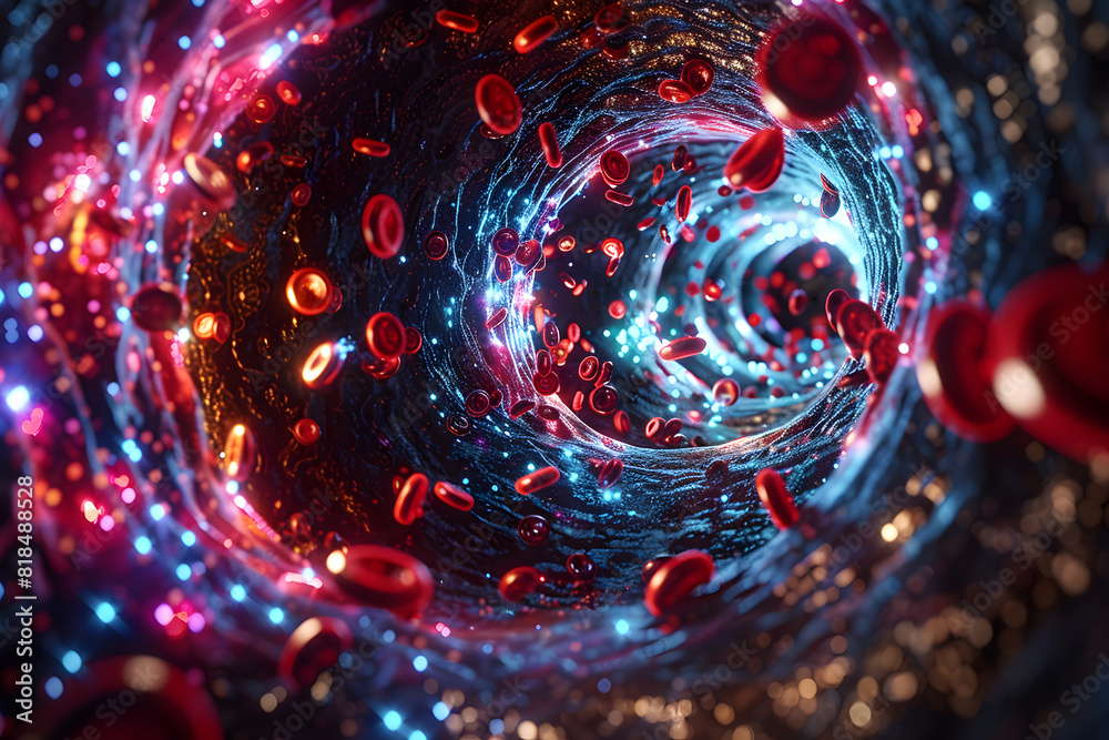 Simulated images of red blood cells located in blood vessels. Simulated images of red blood cells located in blood vessels.
