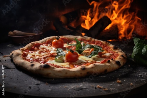 pizza stuffed with tomato and herbs on a fire in a clay oven,