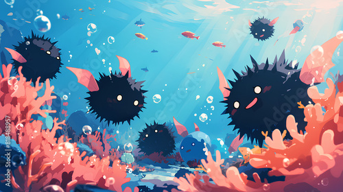 cute black sea urchins are in the sea photo