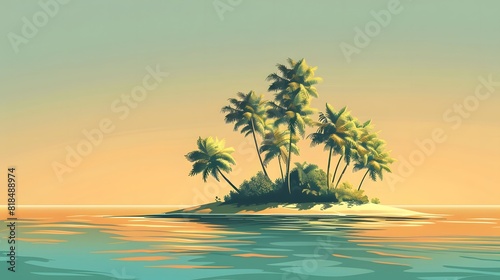 Craft a vector illustration of a tropical island on a gradient ocean, with colors shifting from golden sand to emerald green © asma