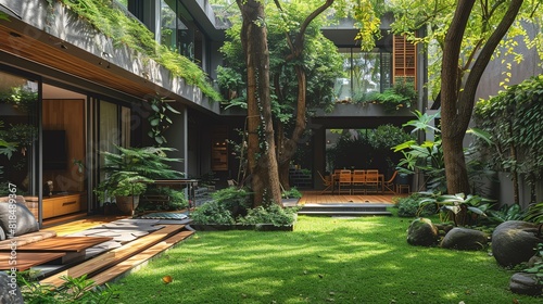 Create a multilevel courtyard shaded by large trees, blending green grass and stone elements for an inviting space photo