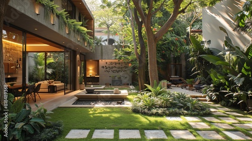 Create a multilevel courtyard shaded by large trees, blending green grass and stone elements for an inviting space photo