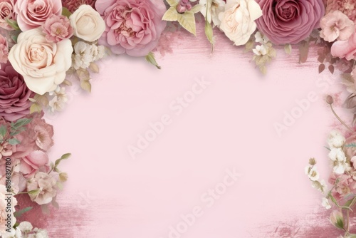 pink floral frame with roses and flowers on a background  in the style of soft  muted color palette.