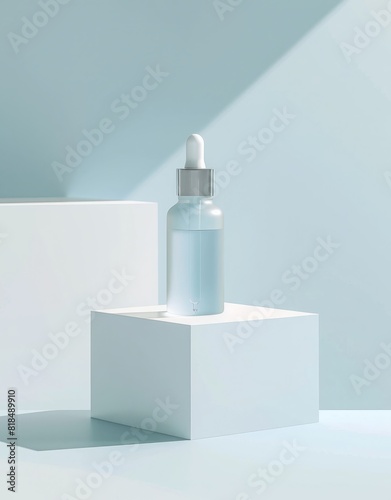 High-Resolution Frosted Glass Serum Bottle on White Platform with Light Blue Background 