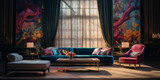 A high-quality image of a luxurious living room, showcasing vibrant mix-color curtains.