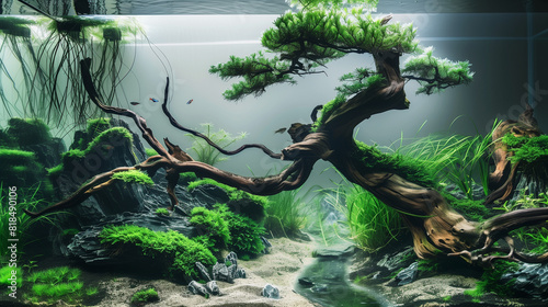 amazing aquascape aquarium with green plants and bonsai trees, Ai Generated Images © mohammad