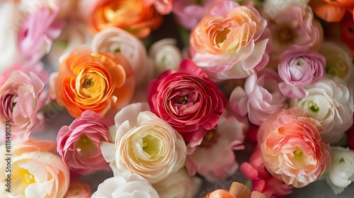craft an arrangement of ranunculus  with layers of delicate petals in shades of pink  orange  and cream