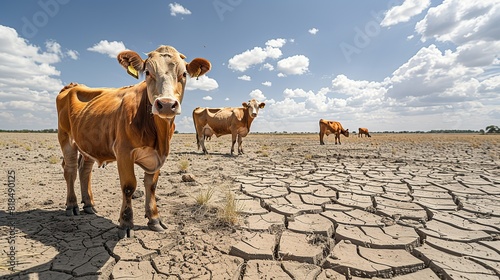 A cow is standing in a dry, cracked field