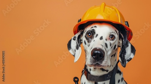 Dalmatian Dog Wearing Firefighter Helmet Poster with Copy Space photo
