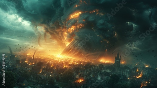 A city is destroyed by a massive explosion, with buildings and trees in flames