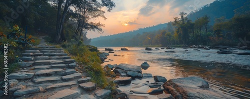 What makes the tent camping area with a clear sky, beautiful stone steps, and a flowing river a special place to connect with nature