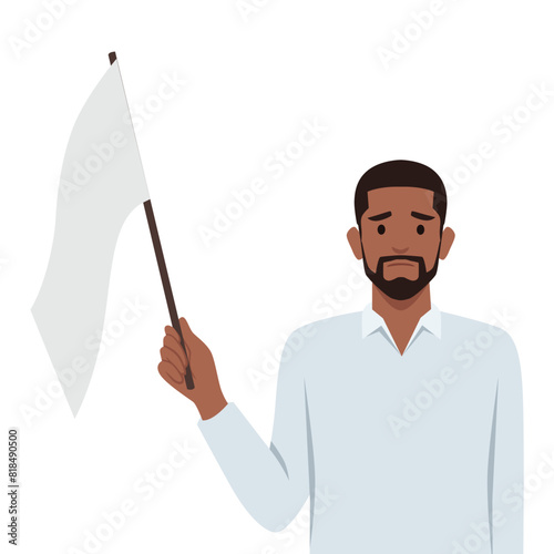 Man with white flag gives up, admitting own defeat. Flat vector illustration isolated on white background